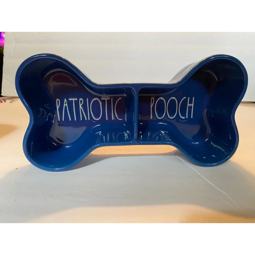 Rae Dunn Ceramic Blue Patriotic Pooch Dog Bone Shape Dog Bowl
